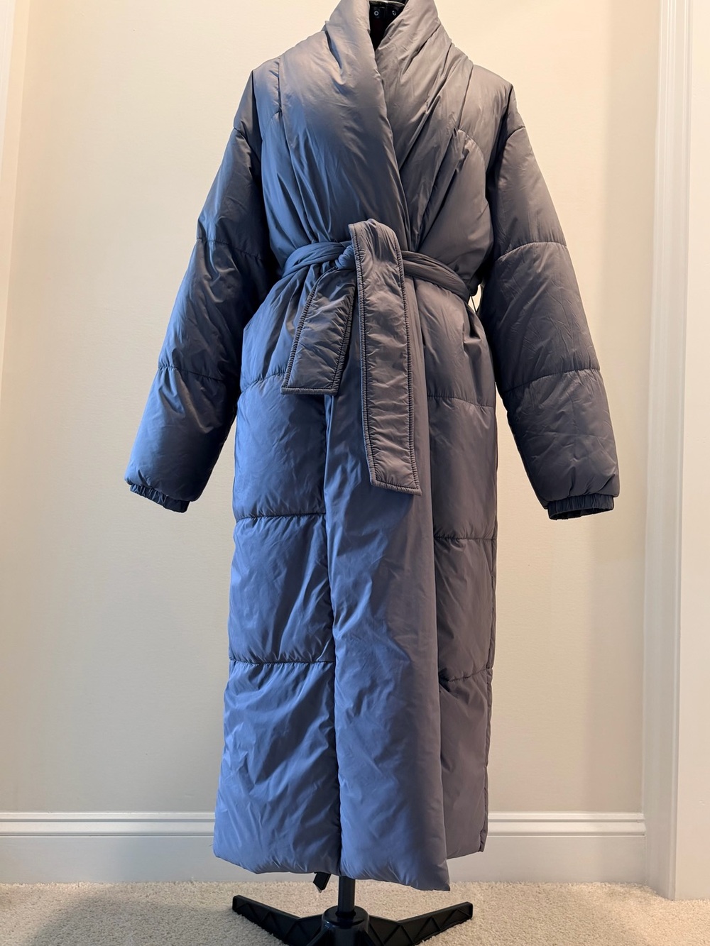 PrettyLittleThing Slate Blue Long Puffer Wrap Coat with Belt